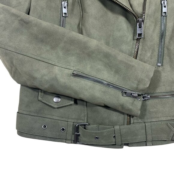 Forever 21 Distressed Faux Leather Olive Moto Jacket With Belt size small - Picture 4 of 16